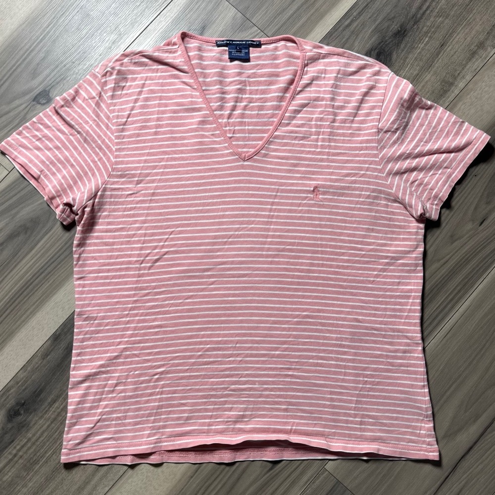 Ralph Lauren Sport Pink White Striped V-Neck T-Shirt Women Large Short Sleeve